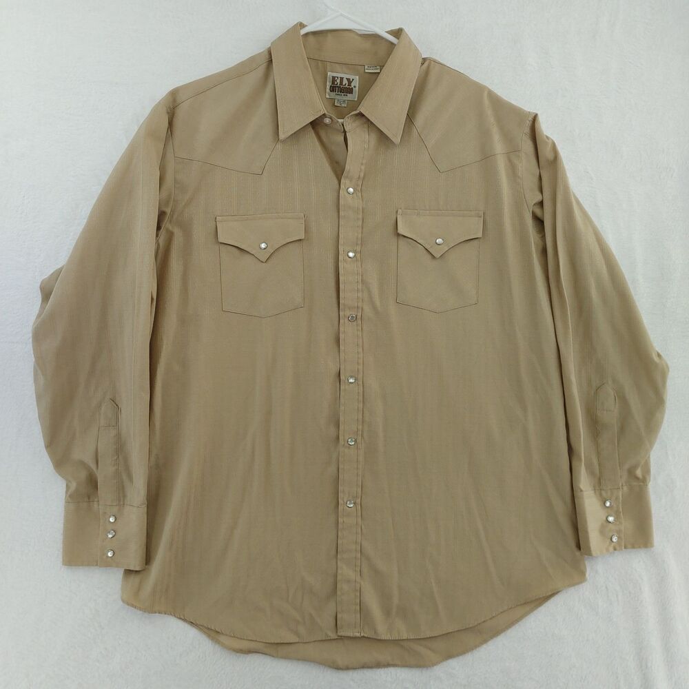 Ely Cattleman Western Shirt Mens XL 17.5 x 35 Tan Long Sleeve Pearl Snap